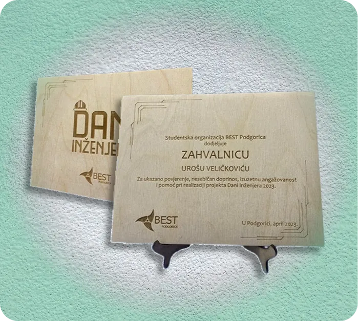 Specijalno izradjena zahvalnica za potrebe Dana Inzinjera